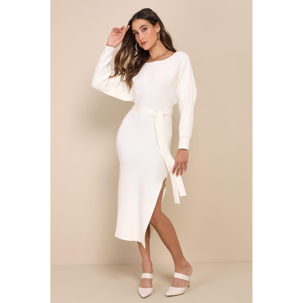 Lulus Cozy Captivation Ivory Ribbed Dolman Sleeve Midi Sweater Dress Size Medium